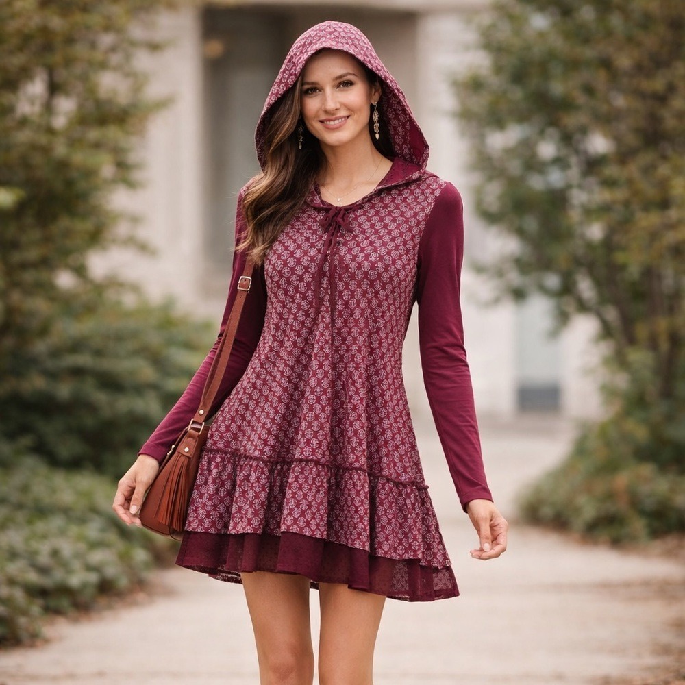 April Cornell Burgundy Floral Hooded Dress Boho Prairie Tiered Size Small